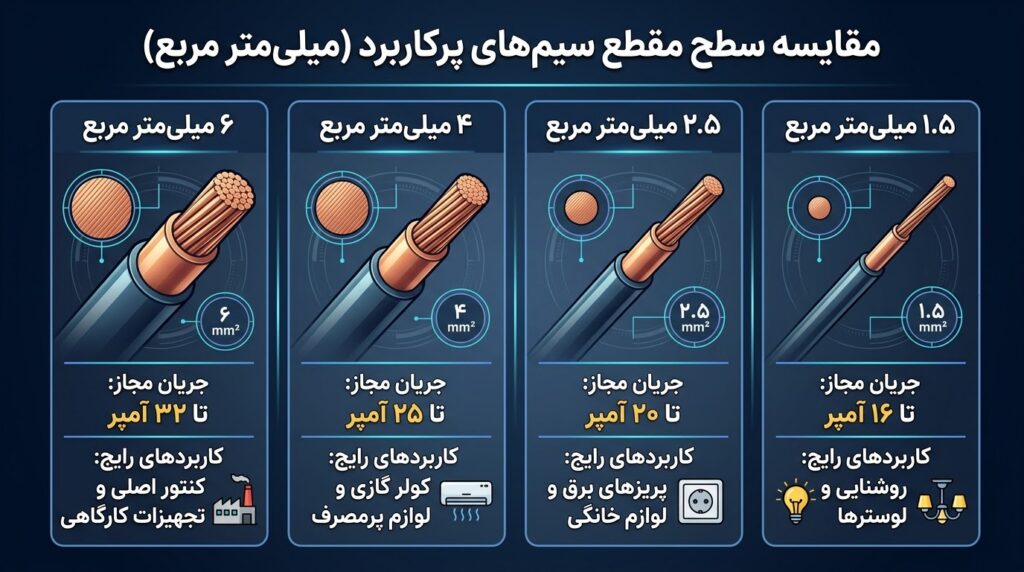 اینفوگرافیک مقایسه سطح مقطع سیم های پرکاربرد